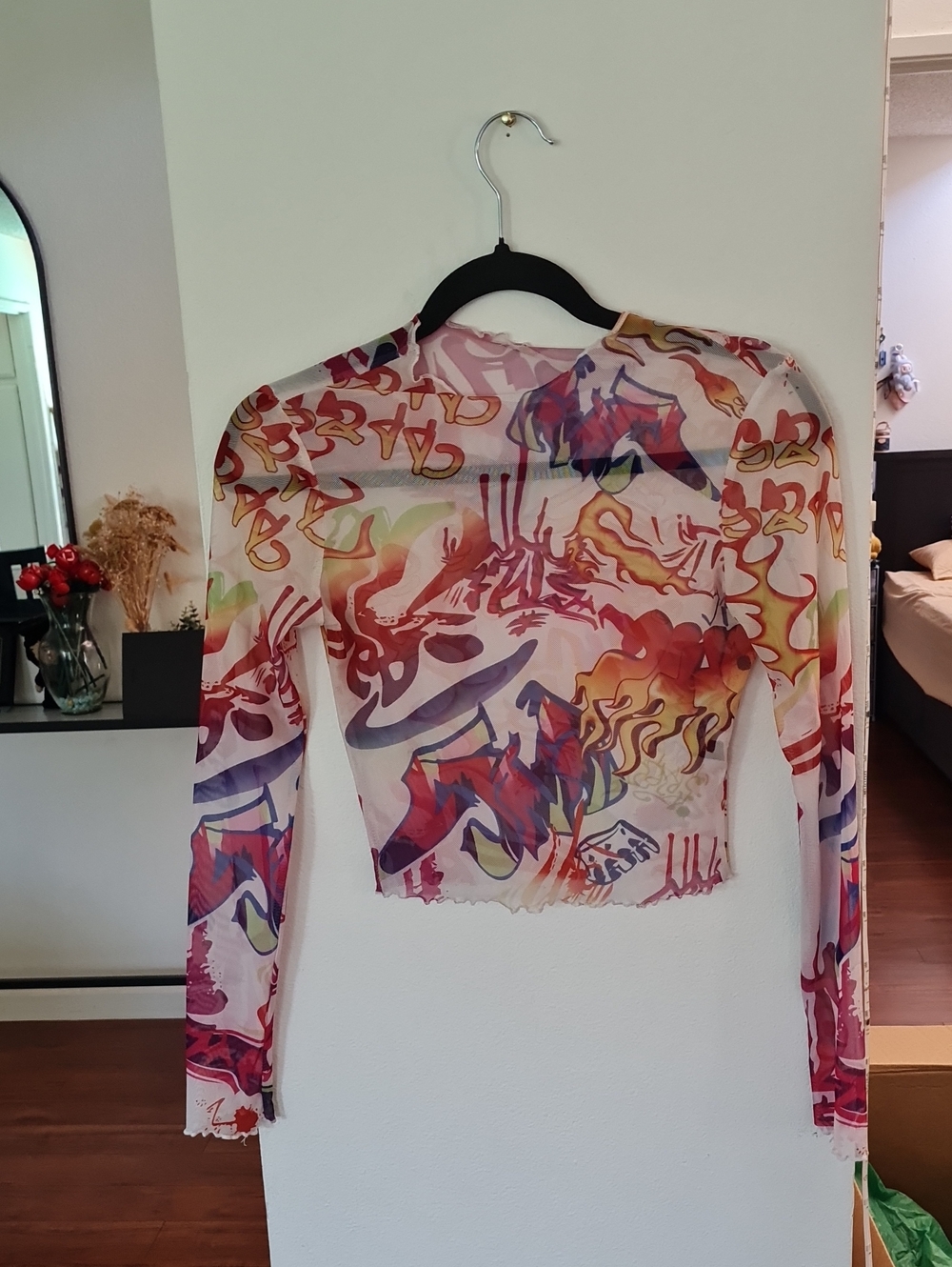 💥3for$15💥Sheer Abstract Print Long-Sleeve Crop Top - Multicolor